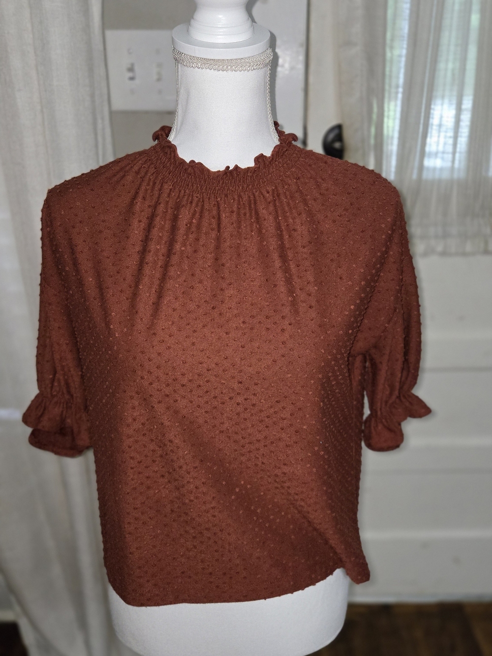 Madewell Rust Brown Textured Smocked Neck Blouse